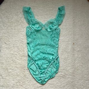 Vintage Inclinations Light Vibrant Blue Sheer Lace Nylon Bodysuit